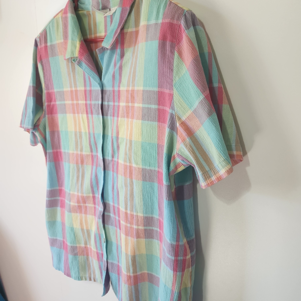 Koret Francisca Vintage Plaid Button Up Shirt 18W Pastel Shoulder Pads 80s 90s!! - Picture 2 of 9